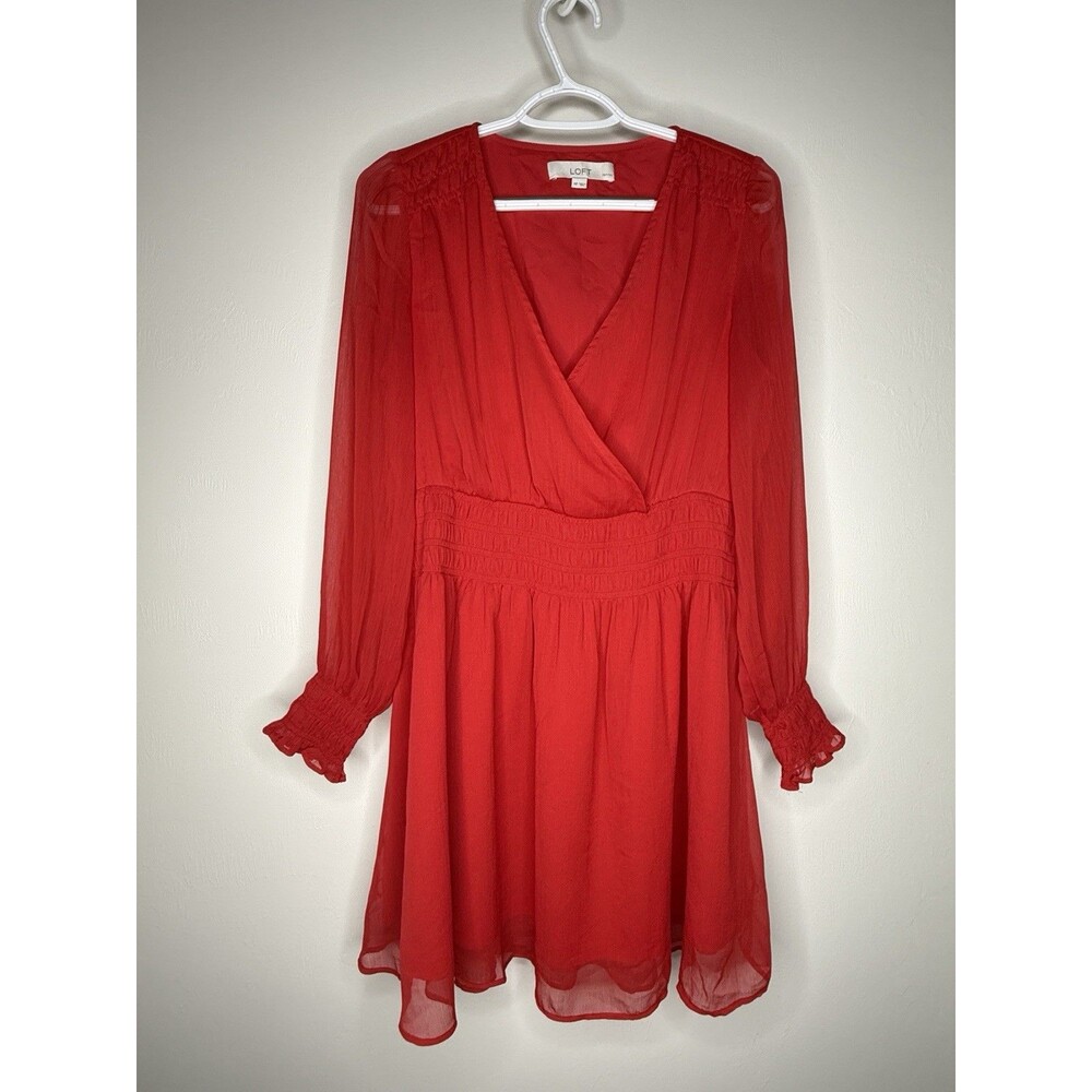 LOFT Petites MP Red Surplice Smocked Waist Long Sleeve Dress Medium